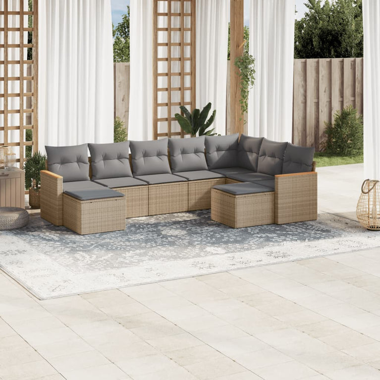 9-delige Loungeset met kussens poly rattan gemengd beige