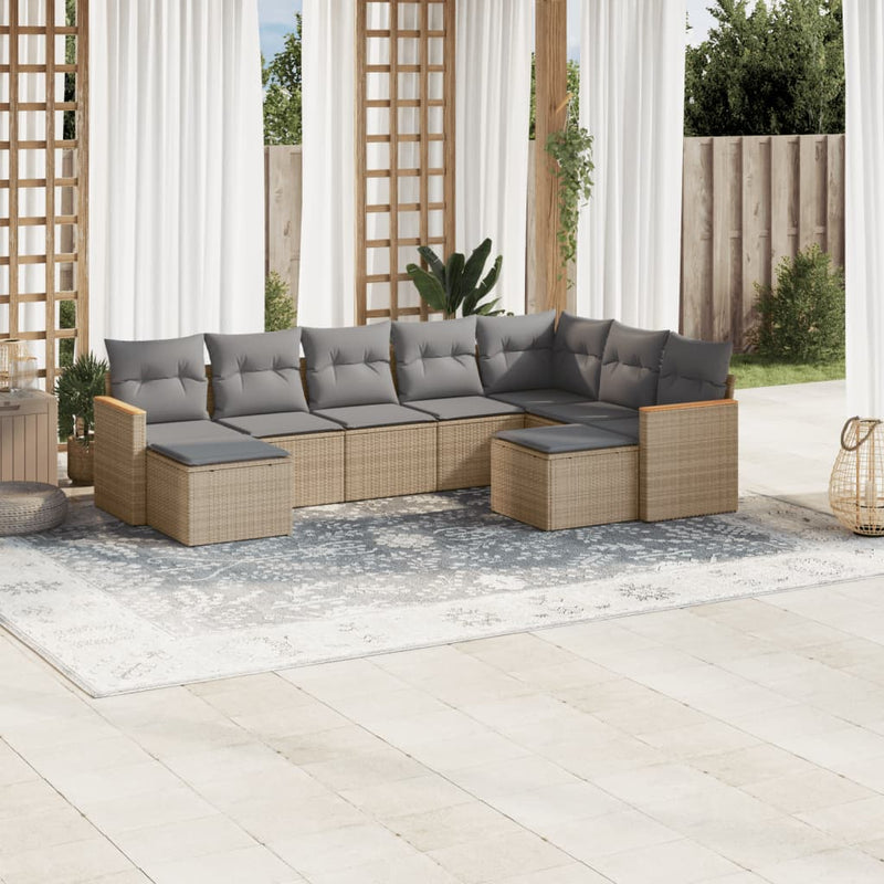 9-delige Loungeset met kussens poly rattan gemengd beige