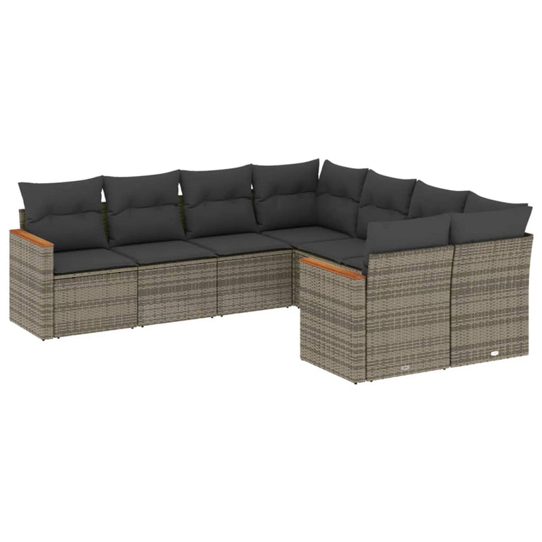 8-delige Loungeset met kussens poly rattan grijs