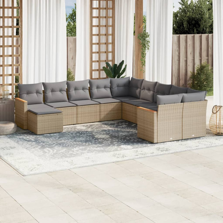 11-delige Loungeset met kussens poly rattan gemengd beige