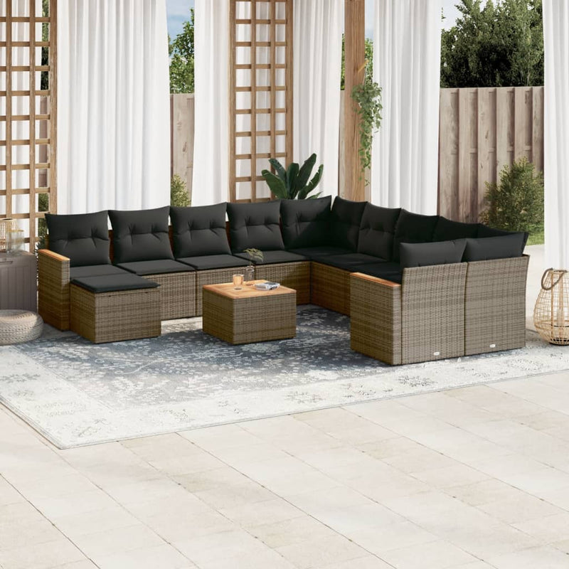 12-delige Loungeset met kussens poly rattan grijs
