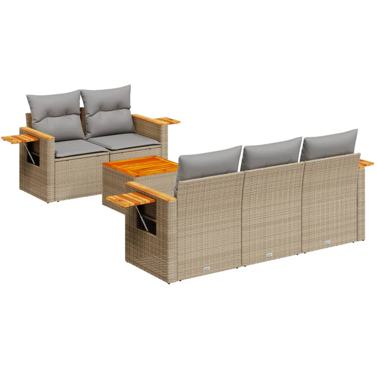 6-delige Loungeset met kussens poly rattan beige