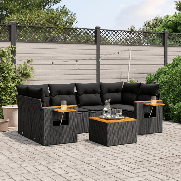 7-delige Loungeset met kussens poly rattan zwart