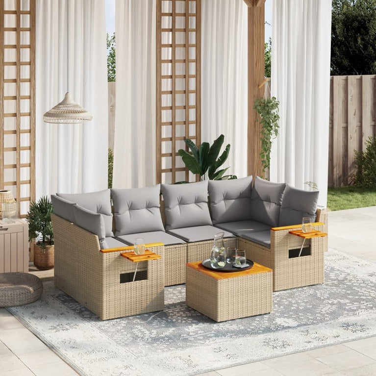 7-delige Loungeset met kussens poly rattan beige