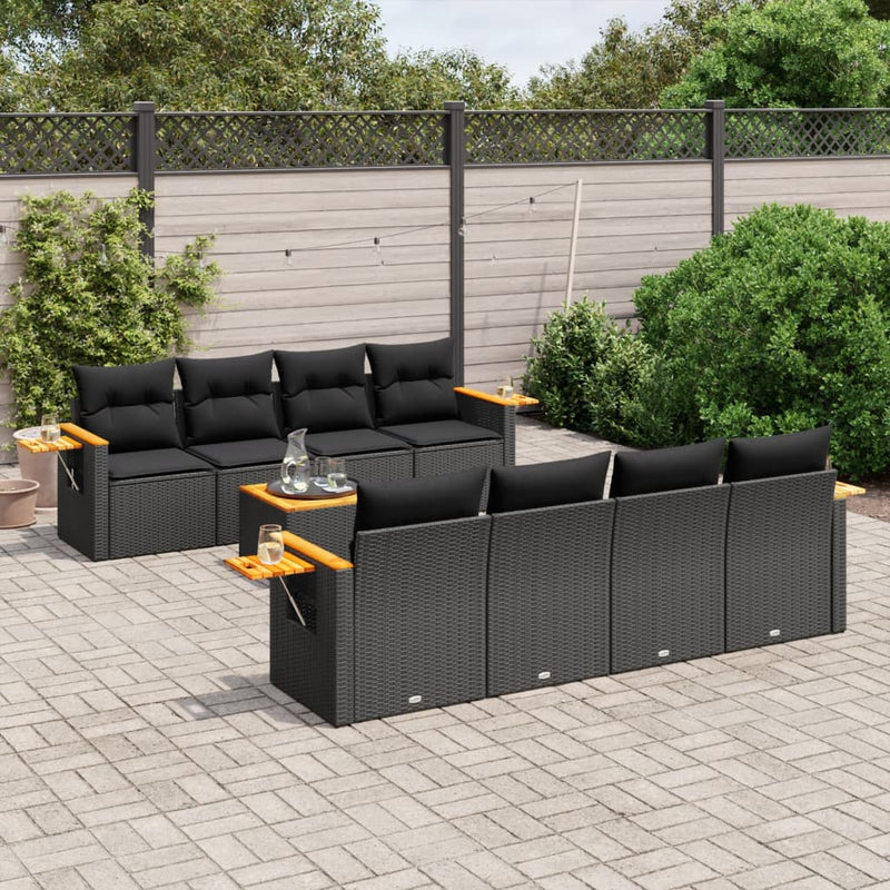 9-delige Loungeset met kussens poly rattan zwart