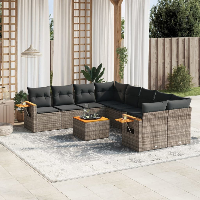 9-delige Loungeset met kussens poly rattan grijs