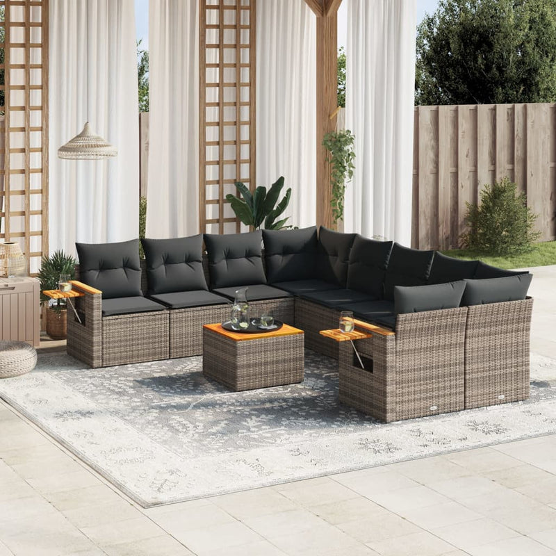 9-delige Loungeset met kussens poly rattan grijs