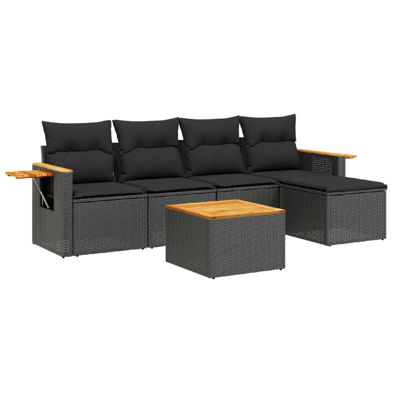 6-delige Loungeset met kussens poly rattan zwart