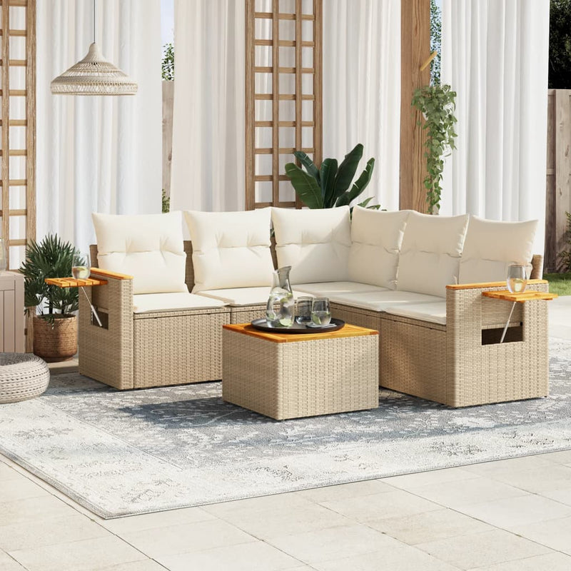 6-delige Loungeset met kussens poly rattan beige