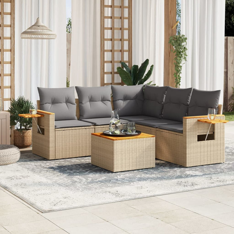 6-delige Loungeset met kussens poly rattan beige