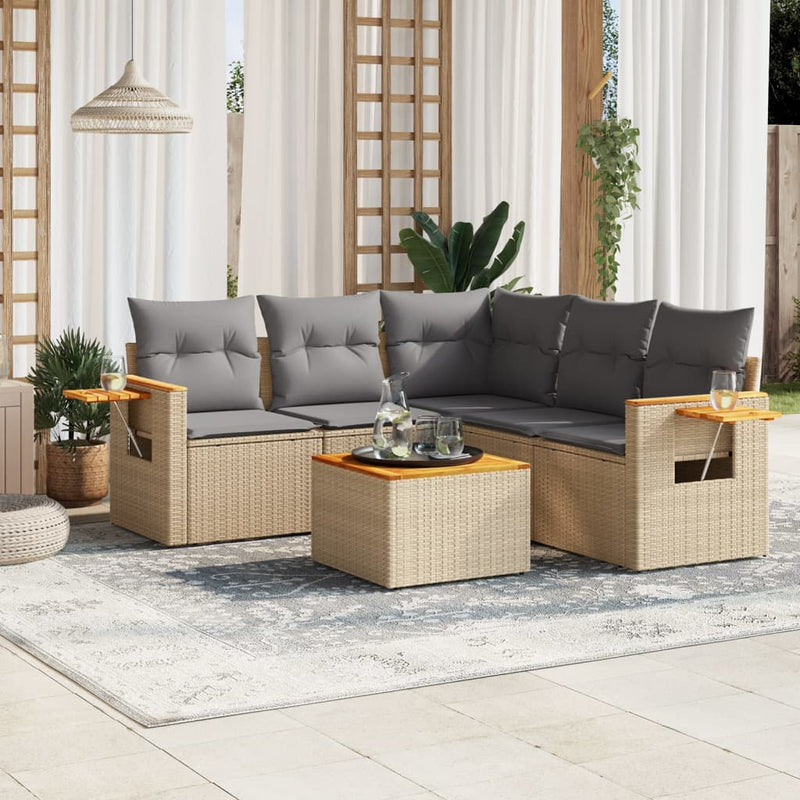 6-delige Loungeset met kussens poly rattan beige