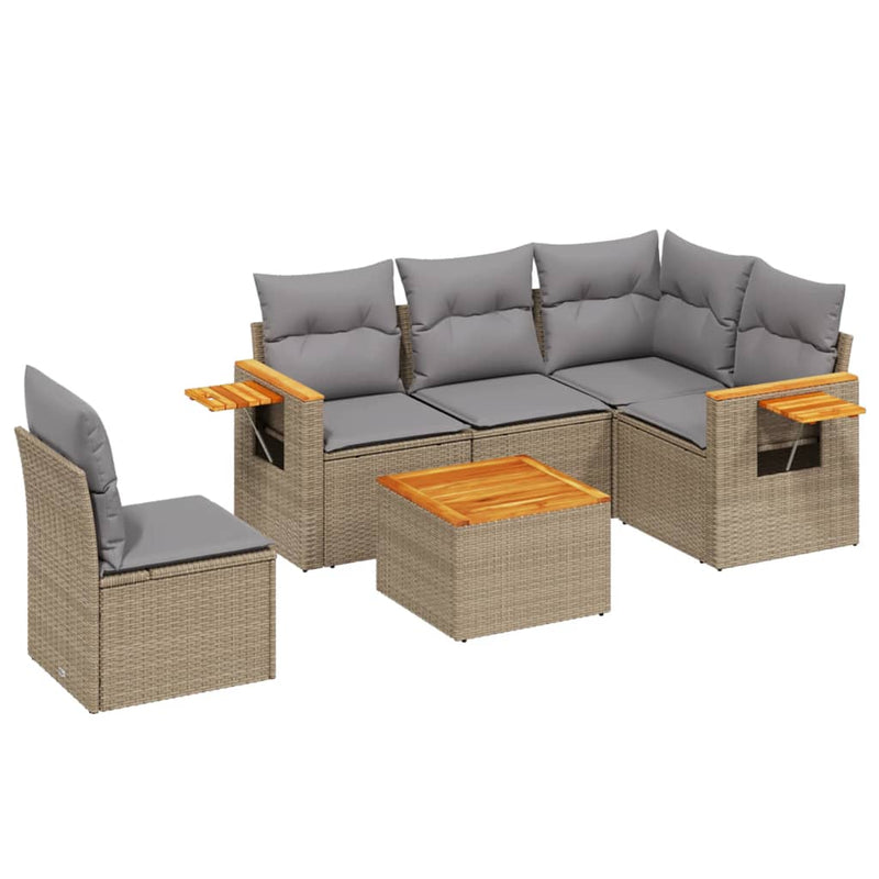 6-delige Loungeset met kussens poly rattan beige