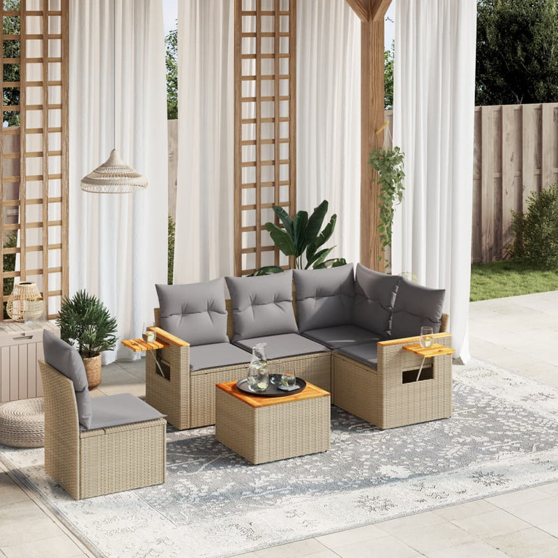 6-delige Loungeset met kussens poly rattan beige