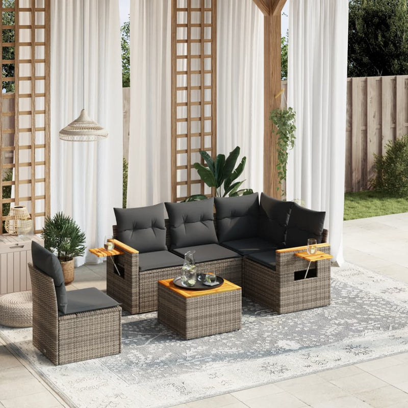 6-delige Loungeset met kussens poly rattan grijs