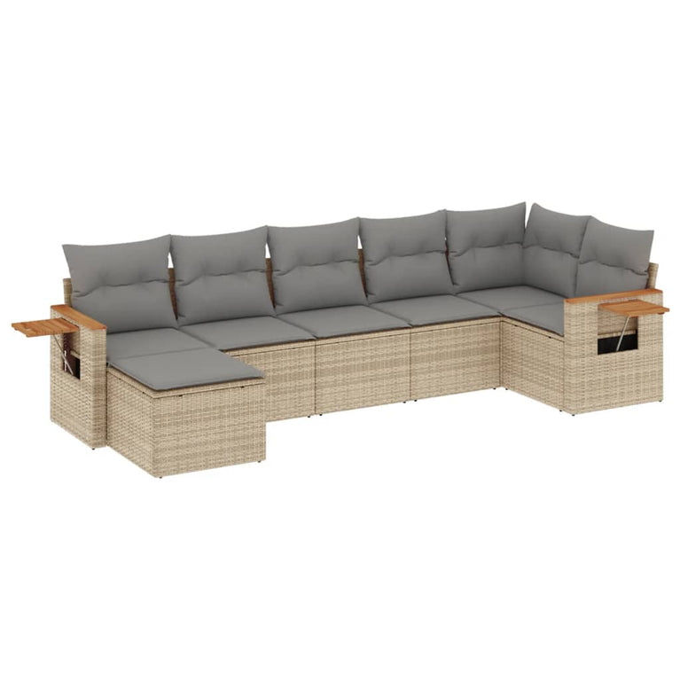 7-delige Loungeset met kussens poly rattan beige