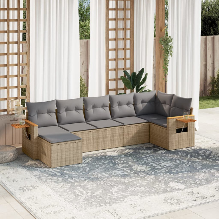 7-delige Loungeset met kussens poly rattan beige
