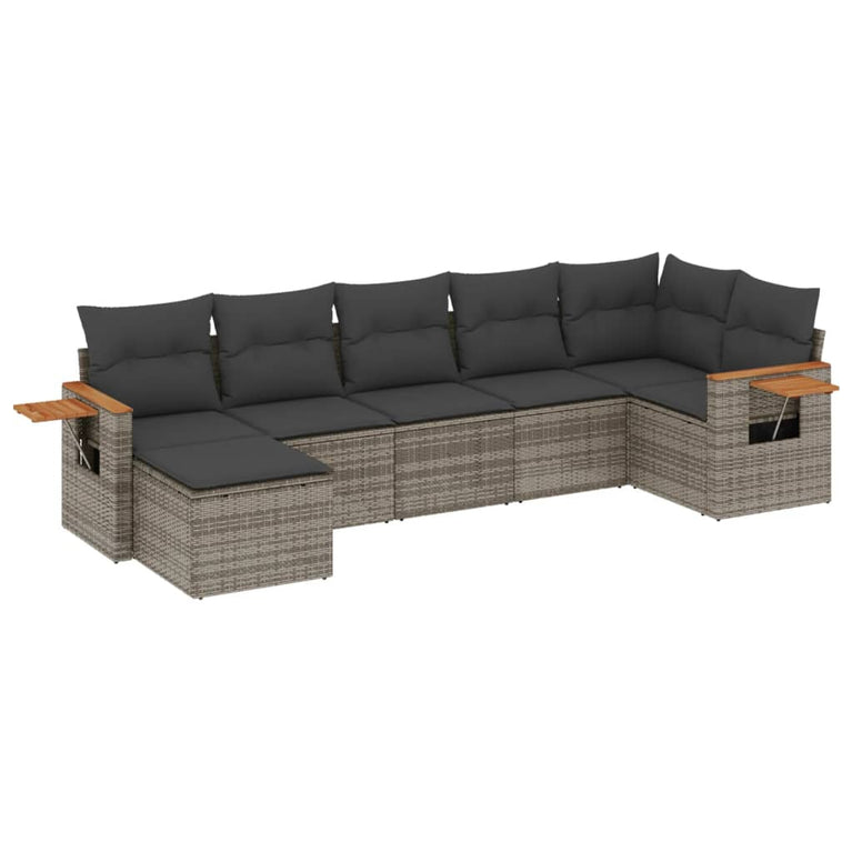 7-delige Loungeset met kussens poly rattan grijs