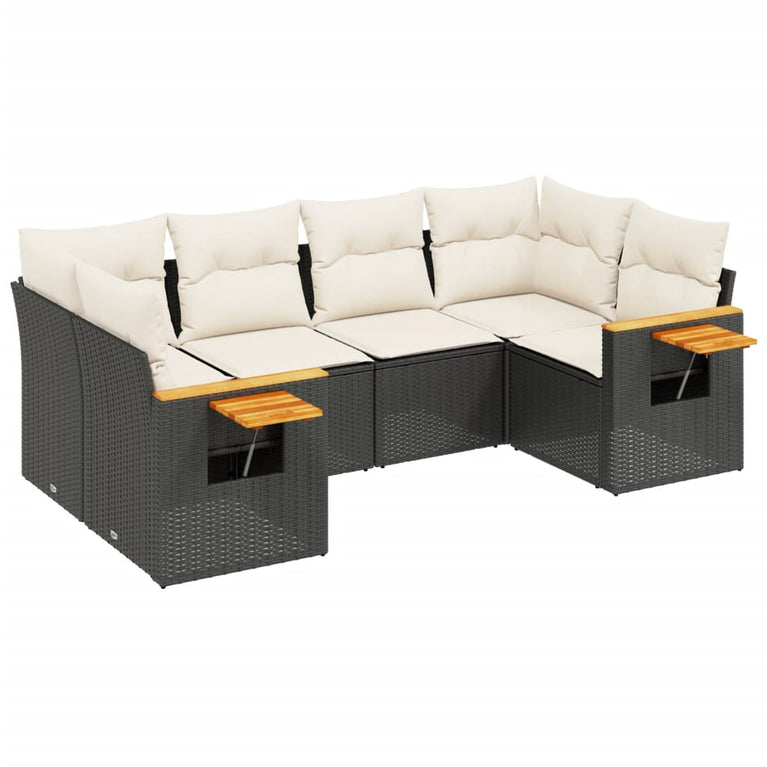 6-delige Loungeset met kussens poly rattan zwart