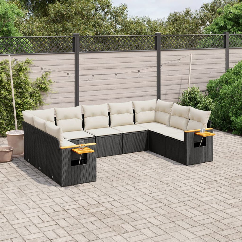9-delige Loungeset met kussens poly rattan zwart