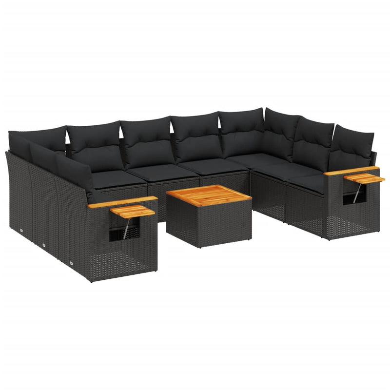 10-delige Loungeset met kussens poly rattan zwart