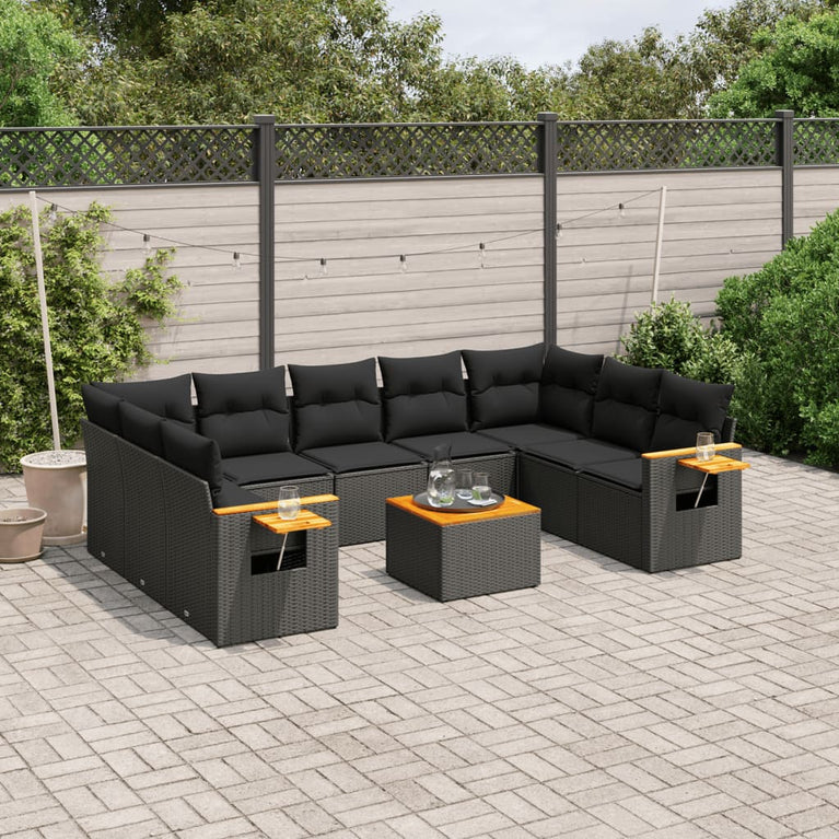 10-delige Loungeset met kussens poly rattan zwart