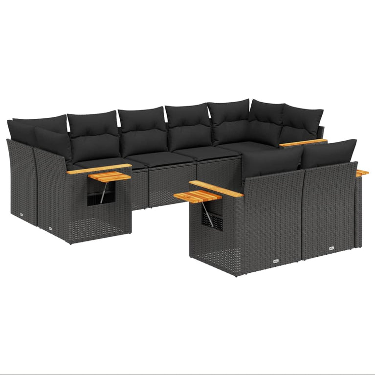9-delige Loungeset met kussens poly rattan zwart