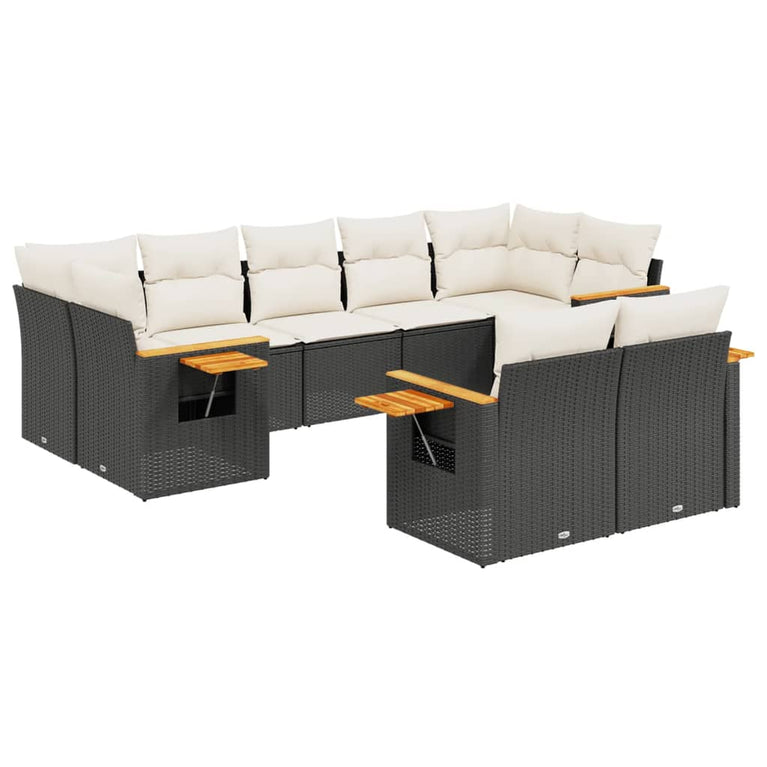 9-delige Loungeset met kussens poly rattan zwart