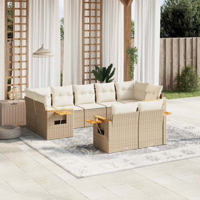 9-delige Loungeset met kussens poly rattan beige