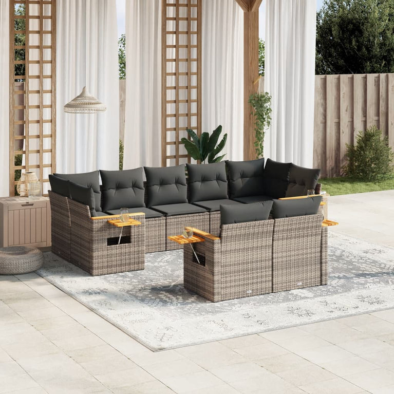 9-delige Loungeset met kussens poly rattan grijs