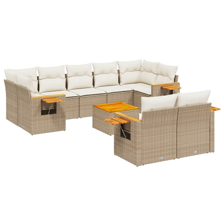 10-delige Loungeset met kussens poly rattan beige