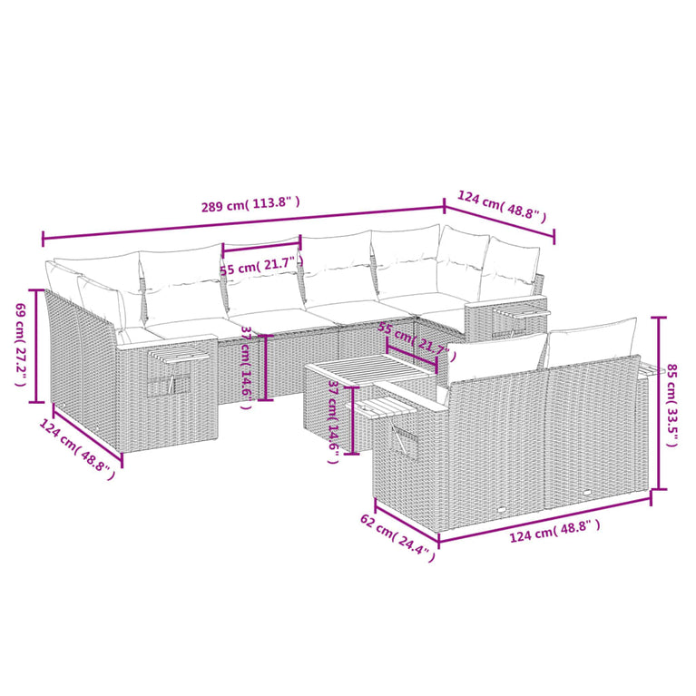 10-delige Loungeset met kussens poly rattan beige