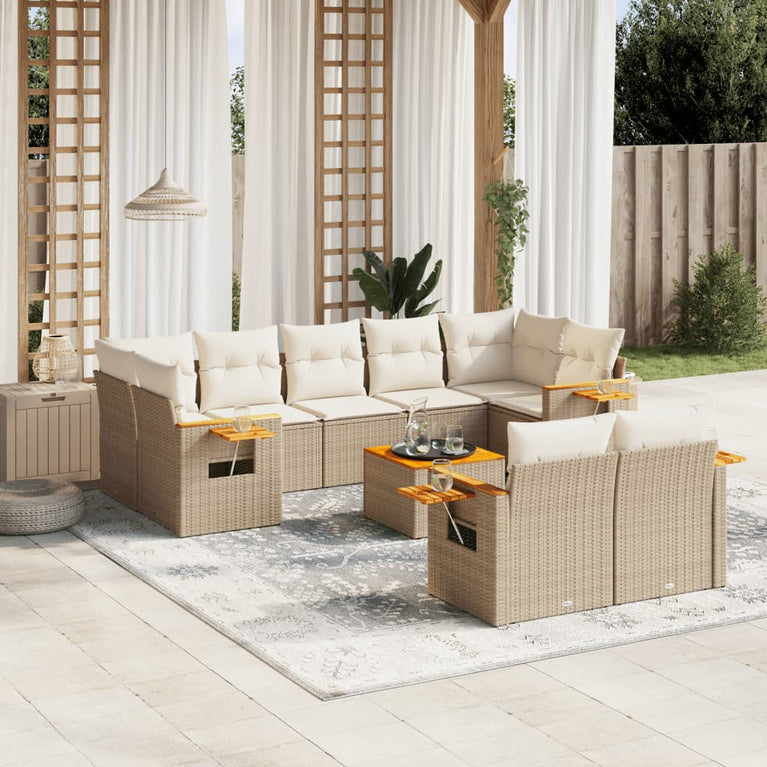 10-delige Loungeset met kussens poly rattan beige