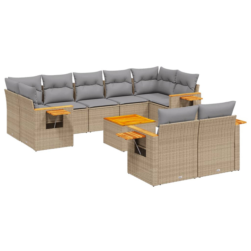 10-delige Loungeset met kussens poly rattan beige