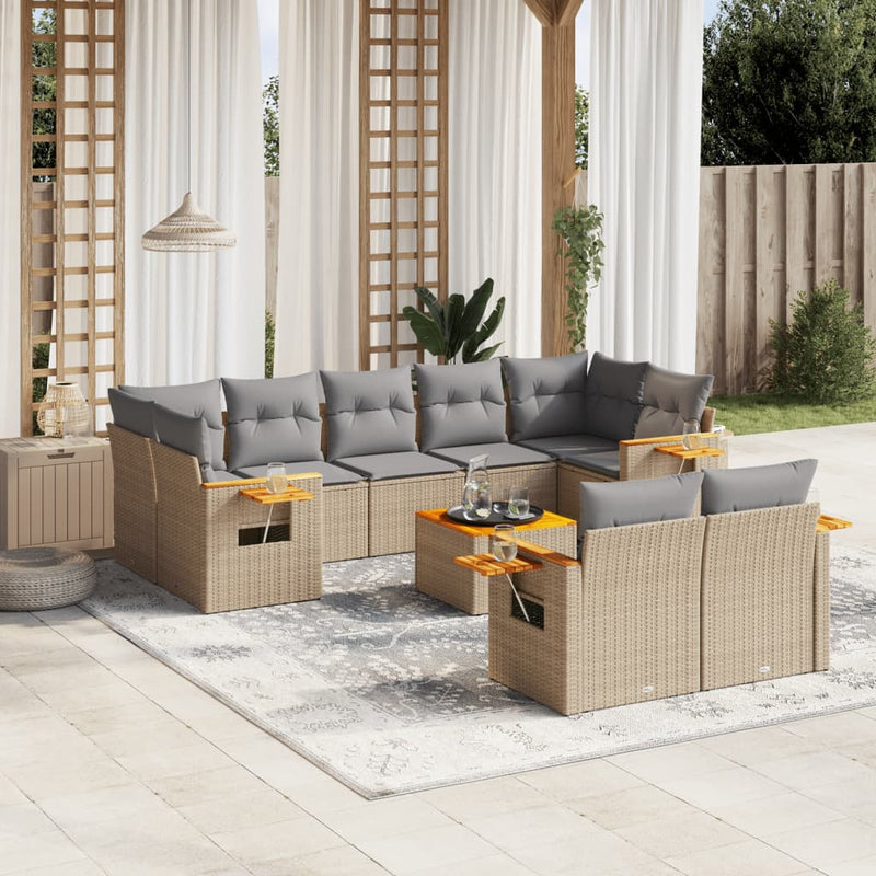 10-delige Loungeset met kussens poly rattan beige