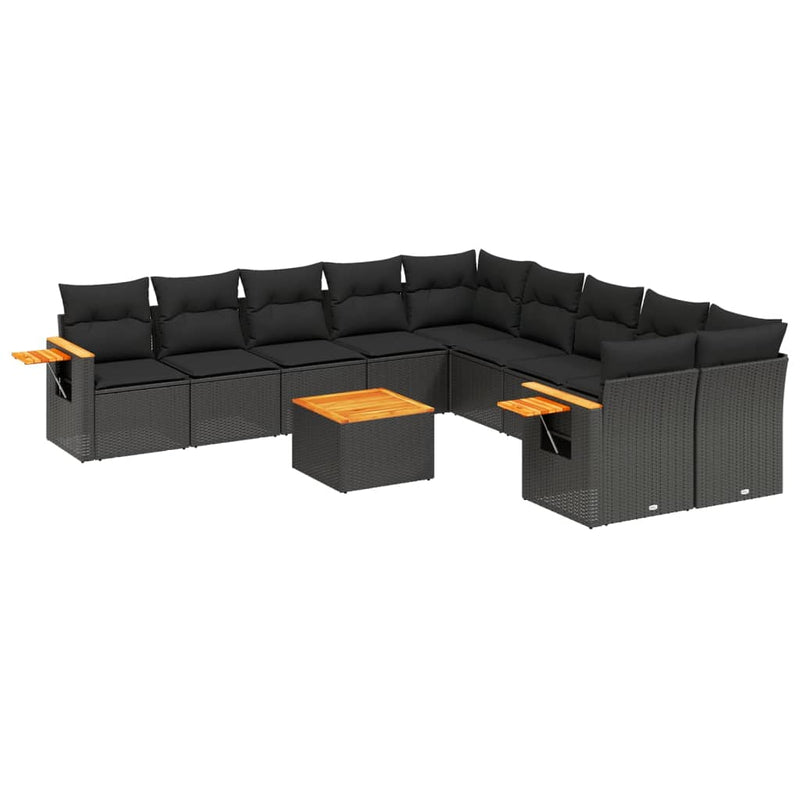 11-delige Loungeset met kussens poly rattan zwart
