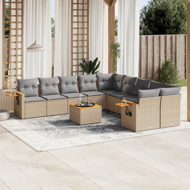 11-delige Tuinset met kussens poly rattan beige