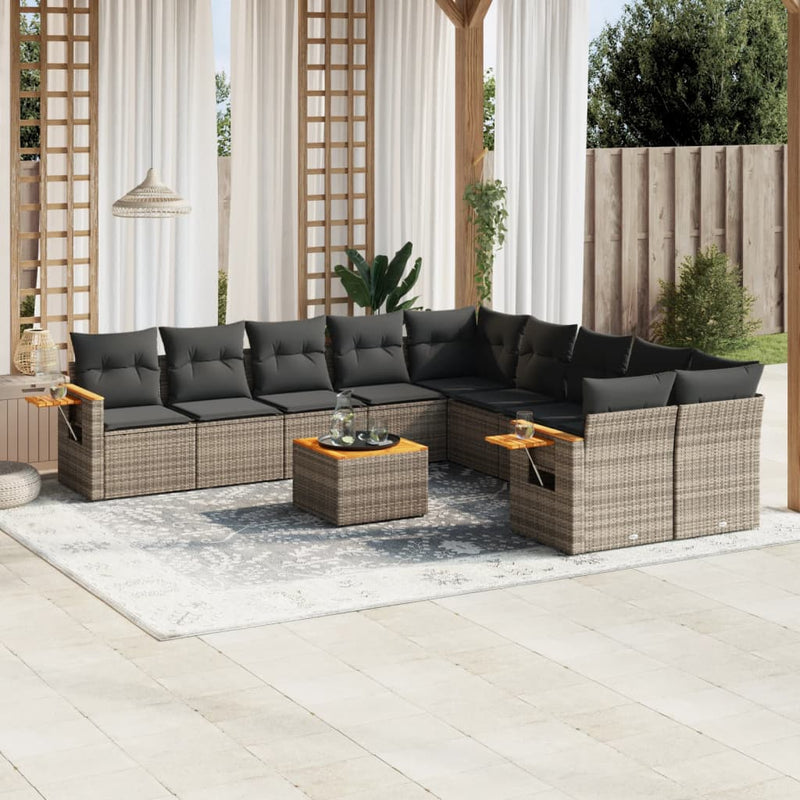 11-delige Loungeset met kussens poly rattan grijs