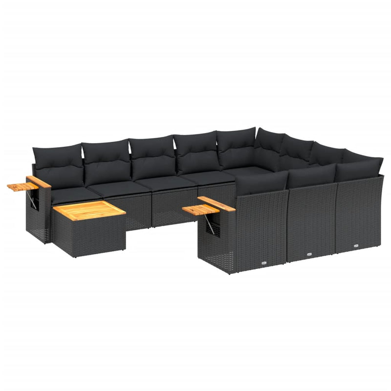 11-delige Loungeset met kussens poly rattan zwart