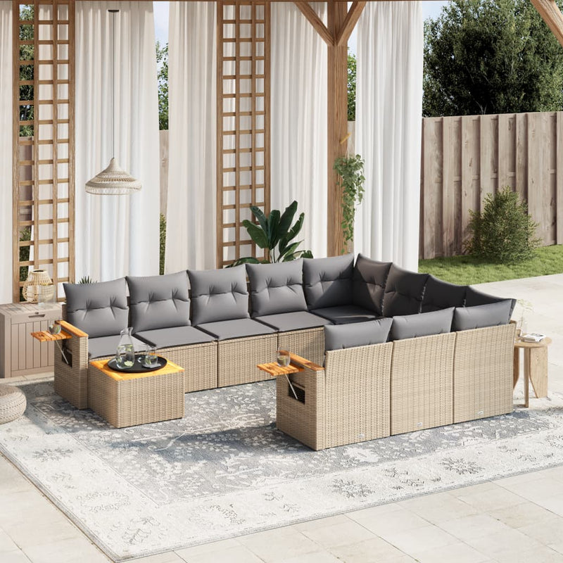 11-delige Tuinset met kussens poly rattan beige