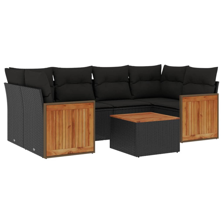 7-delige Loungeset met kussens poly rattan zwart