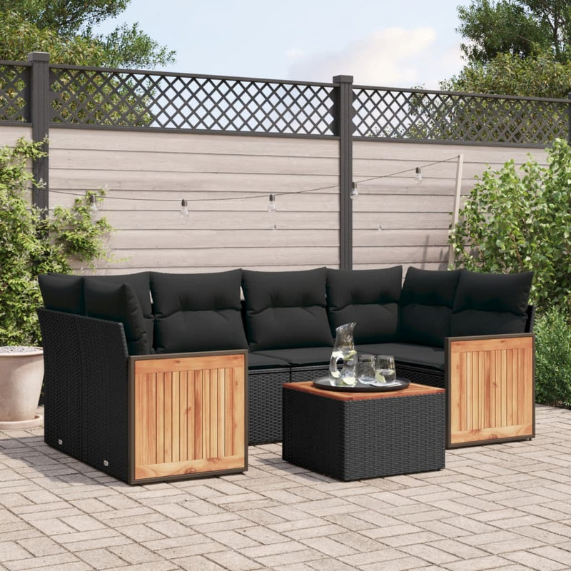 7-delige Loungeset met kussens poly rattan zwart