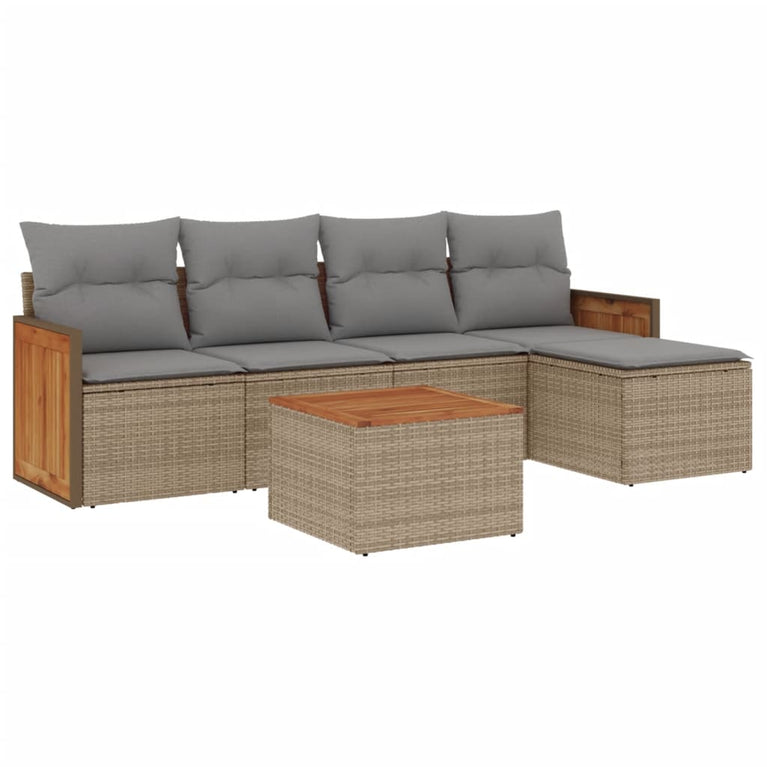 6-delige Loungeset met kussens poly rattan beige