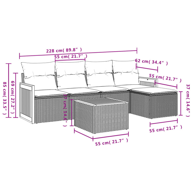 6-delige Loungeset met kussens poly rattan beige