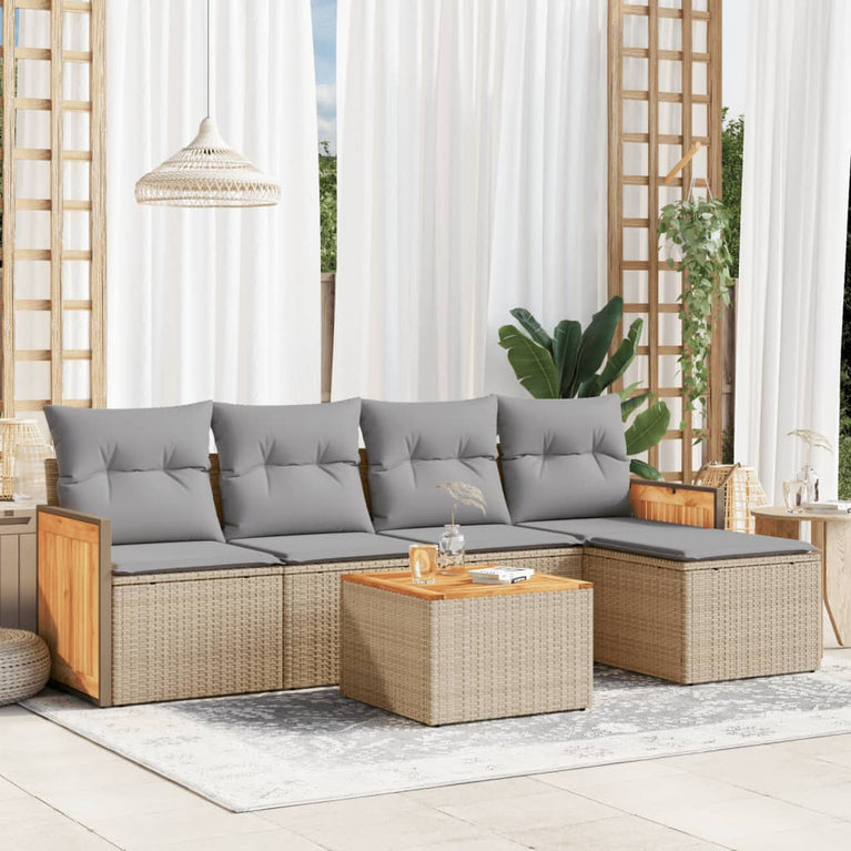 6-delige Loungeset met kussens poly rattan beige