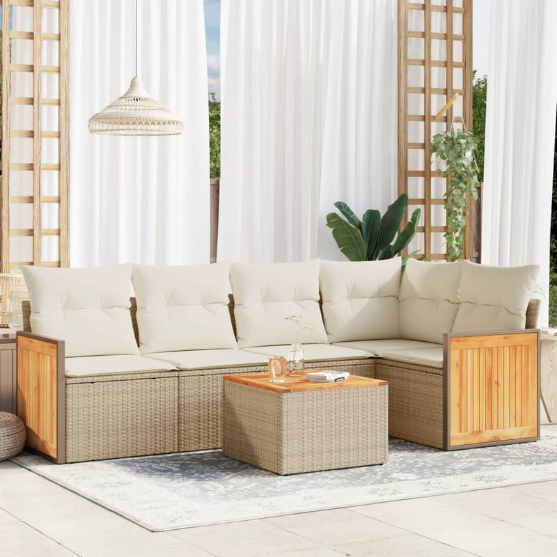 6-delige Loungeset met kussens poly rattan beige