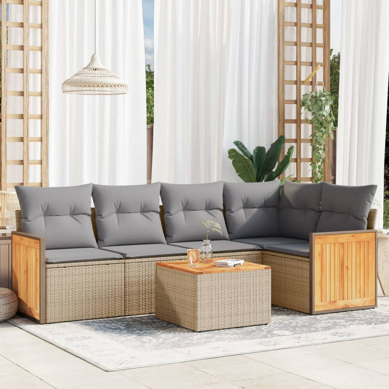 6-delige Loungeset met kussens poly rattan beige