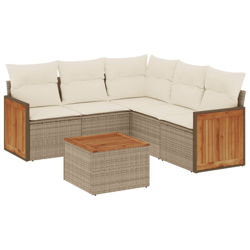 6-delige Loungeset met kussens poly rattan beige