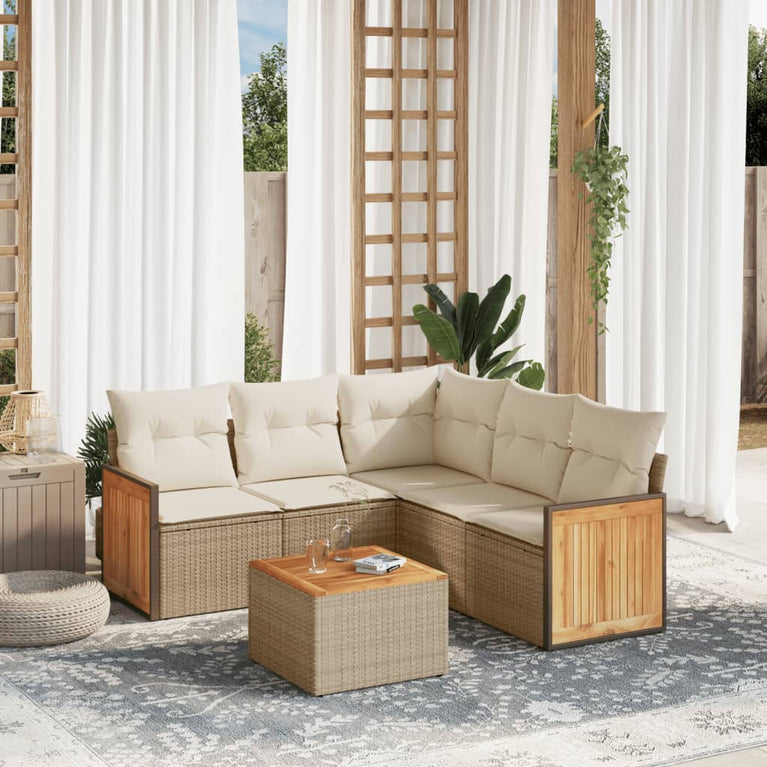 6-delige Loungeset met kussens poly rattan beige
