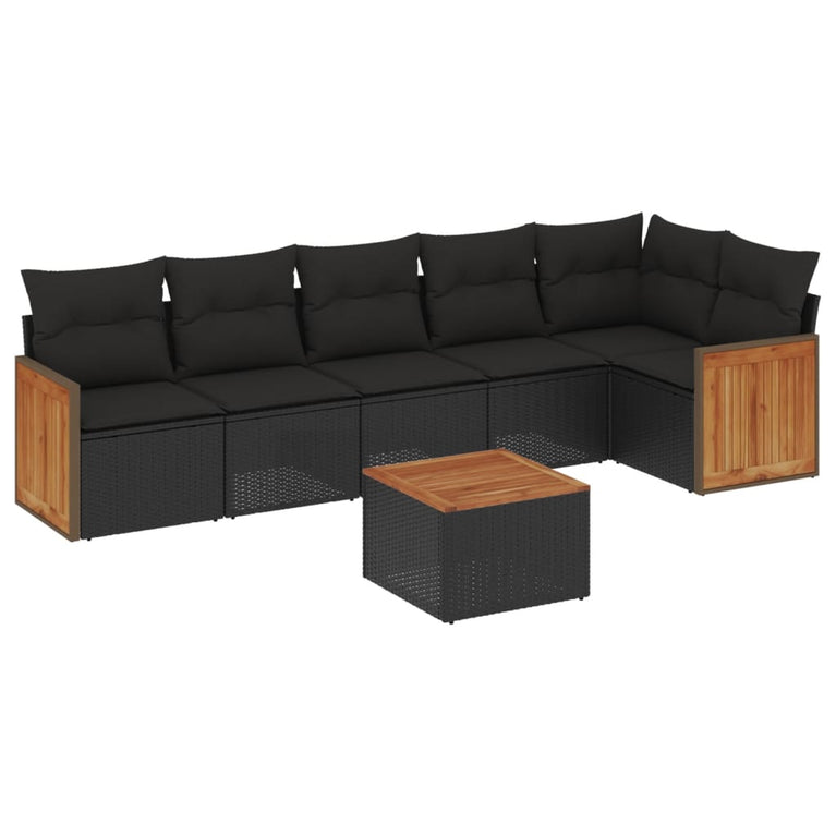 7-delige Loungeset met kussens poly rattan zwart