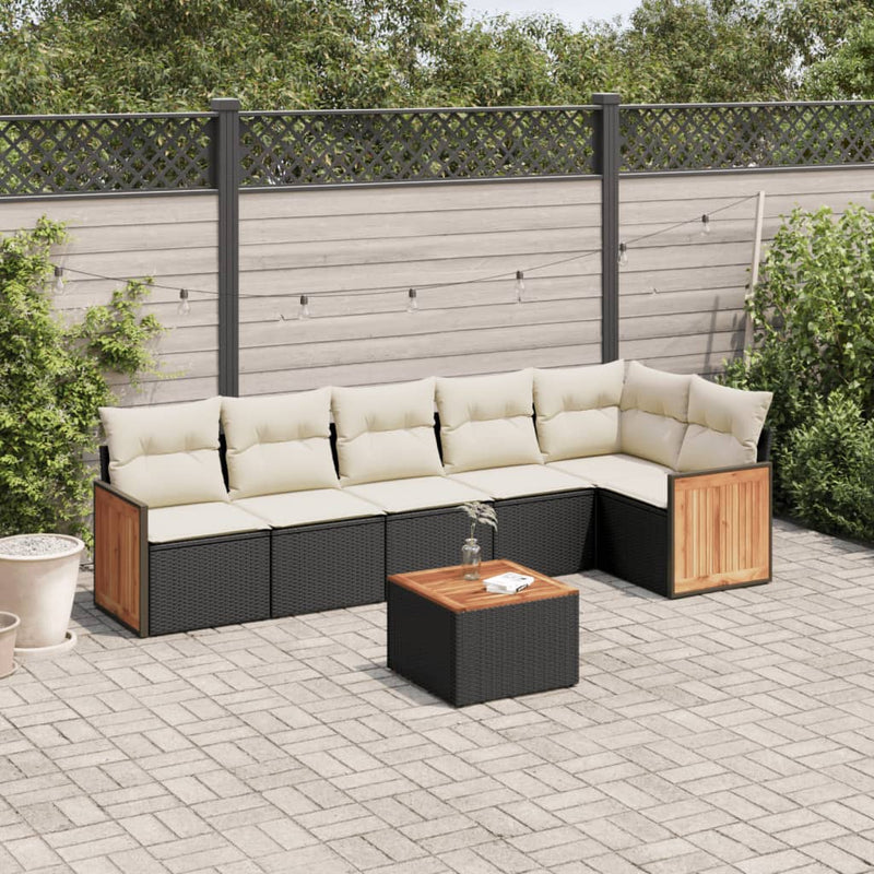 7-delige Loungeset met kussens poly rattan zwart